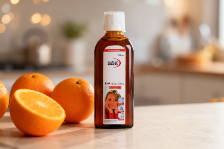 شربت زینک پلاس یوروویتال برای کودکان کنار پرتقال های تازه